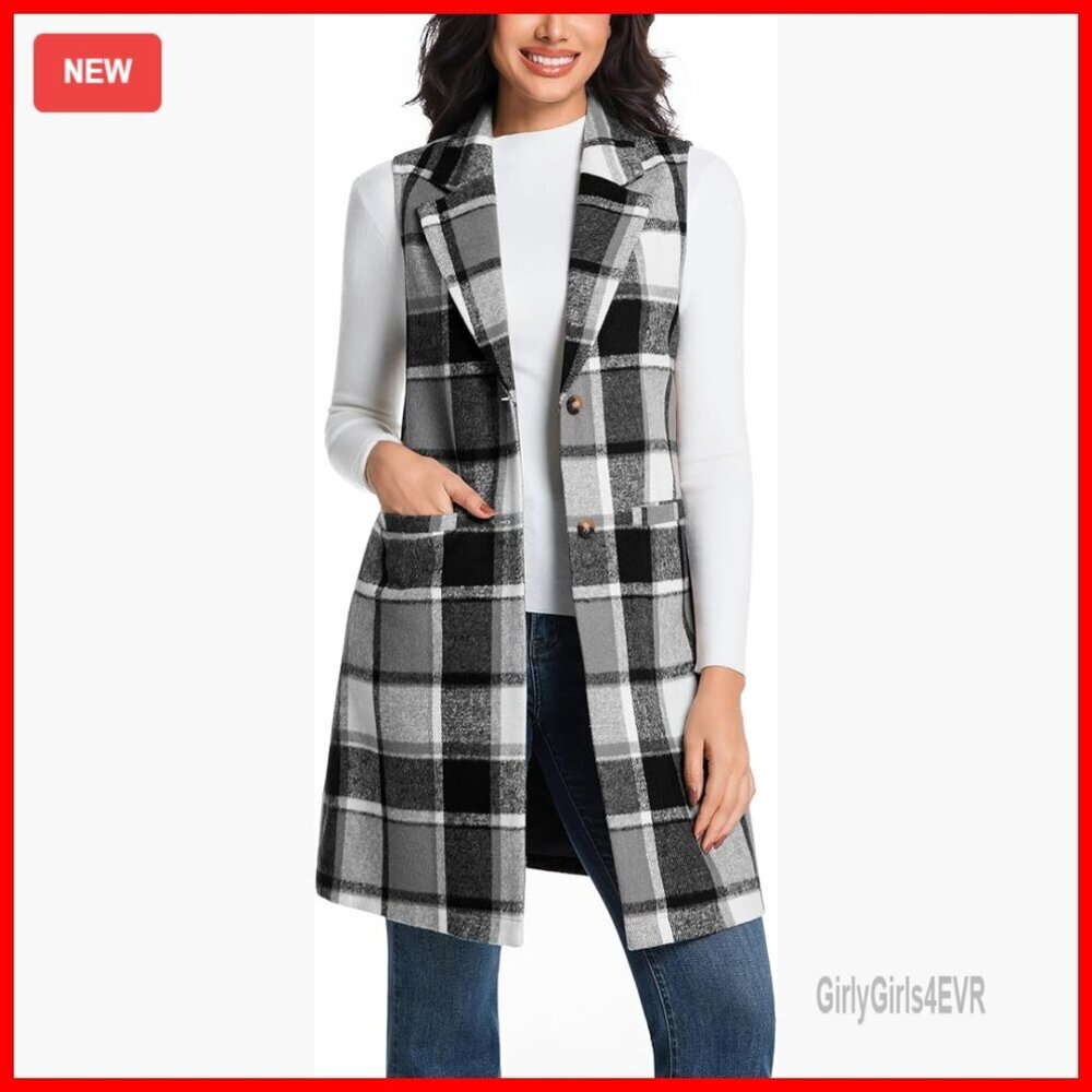 Long Plaid Wool Blend Vest Sleeveless Blazer Jacket Fall Winter Casual